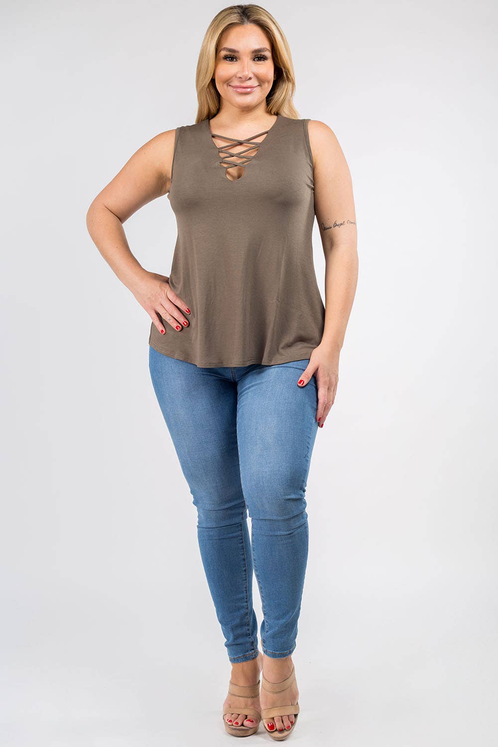 Plus Size Strappy Fashion Top in Olive