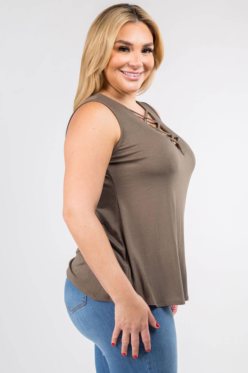 Plus Size Strappy Fashion Top in Olive