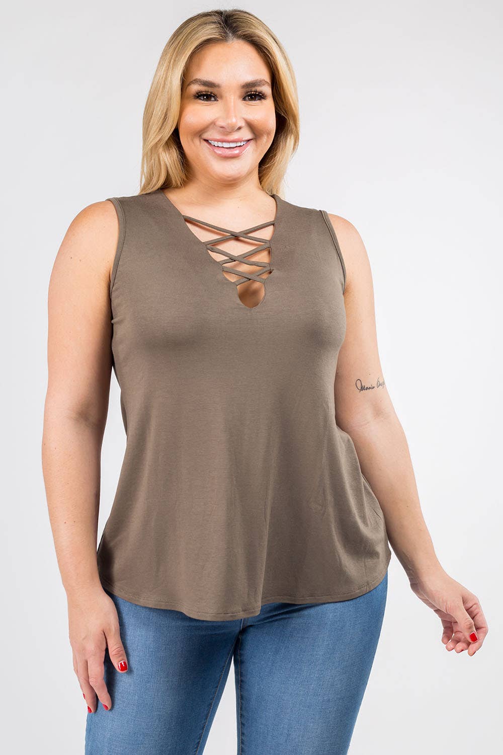 Plus Size Strappy Fashion Top in Olive