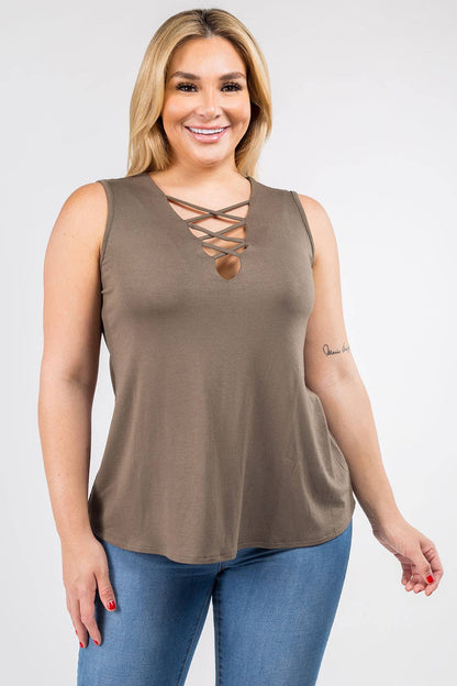 Plus Size Strappy Fashion Top in Olive